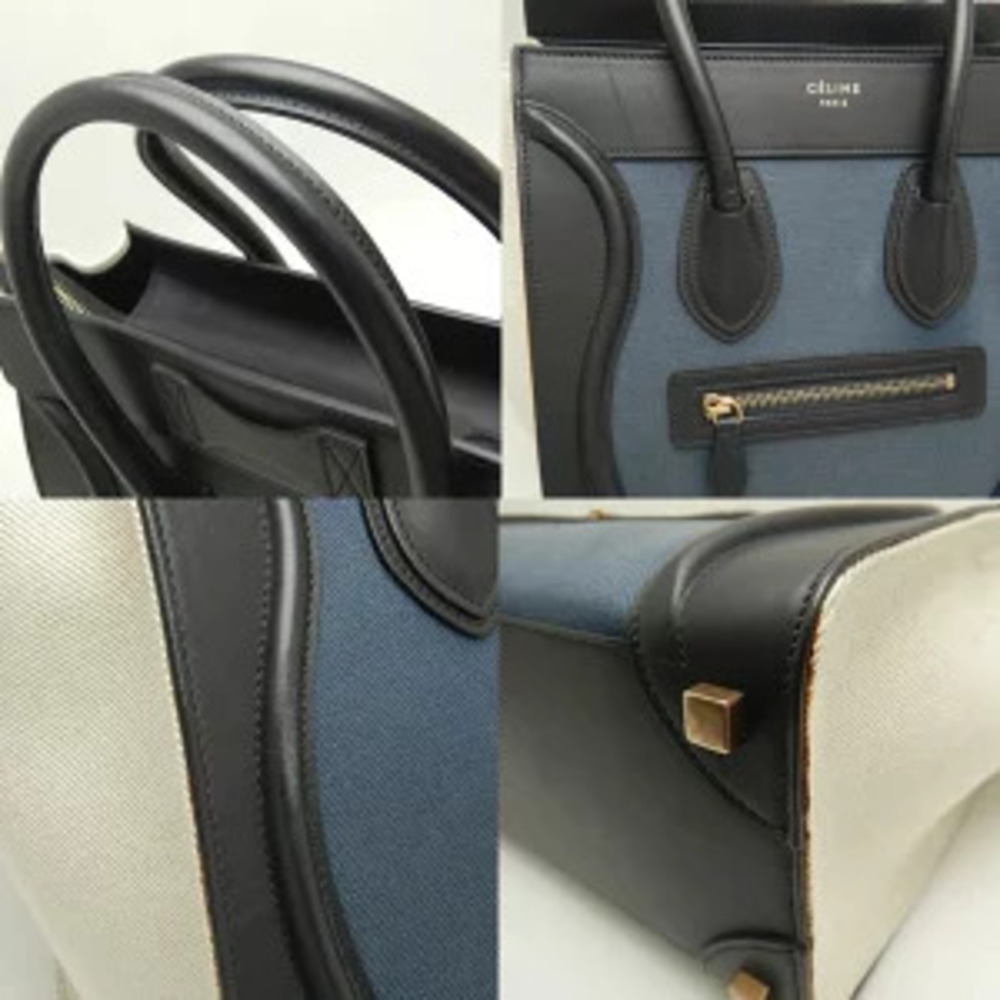Celine Luggage Shoulder Bag Canvas Leather Black Navy Blue Natural - Picture 8 of 8